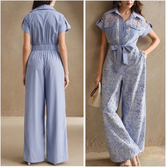 Striped Lace Button Cuff Sleeve Belted Wide Leg Jumpsuit - Picture 2 of 5